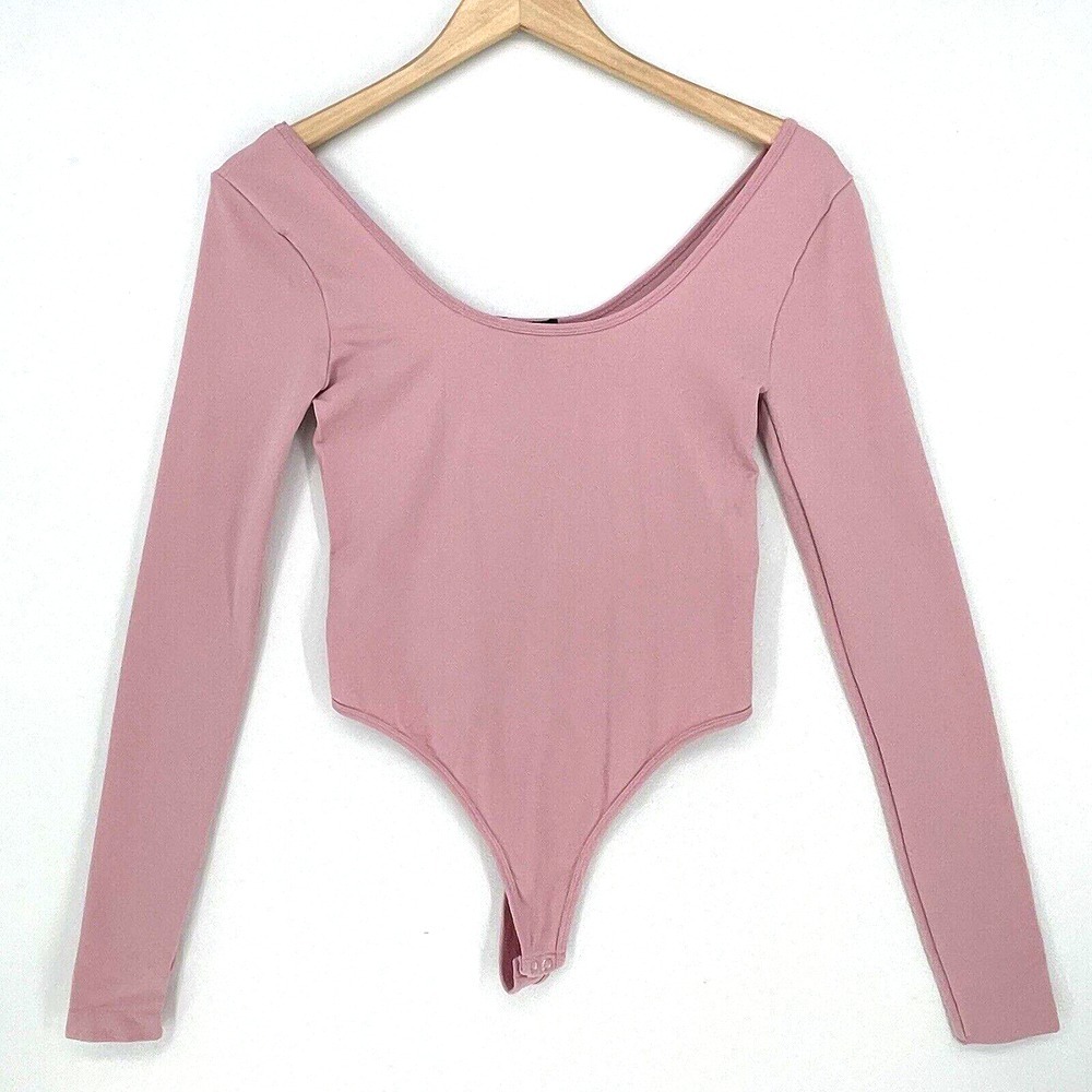 Forever 21 Bodysuit Size L Women Long Sleeve Slimming Thong Deep Scoop Neck Pink